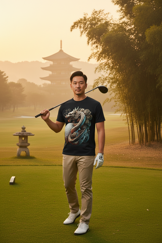 Dragon Golf Ball Tee — large front graphic on zen golf course at golden hour
