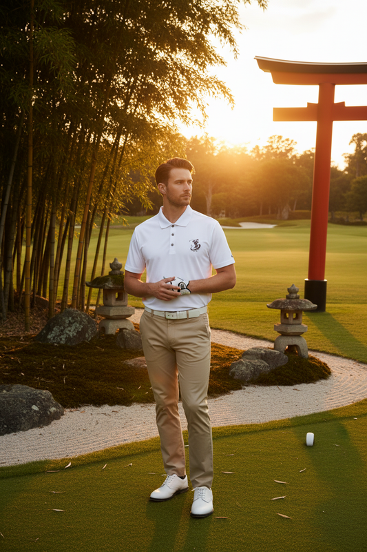 Ink Brush Kendo Polo on zen golf course at golden hour
