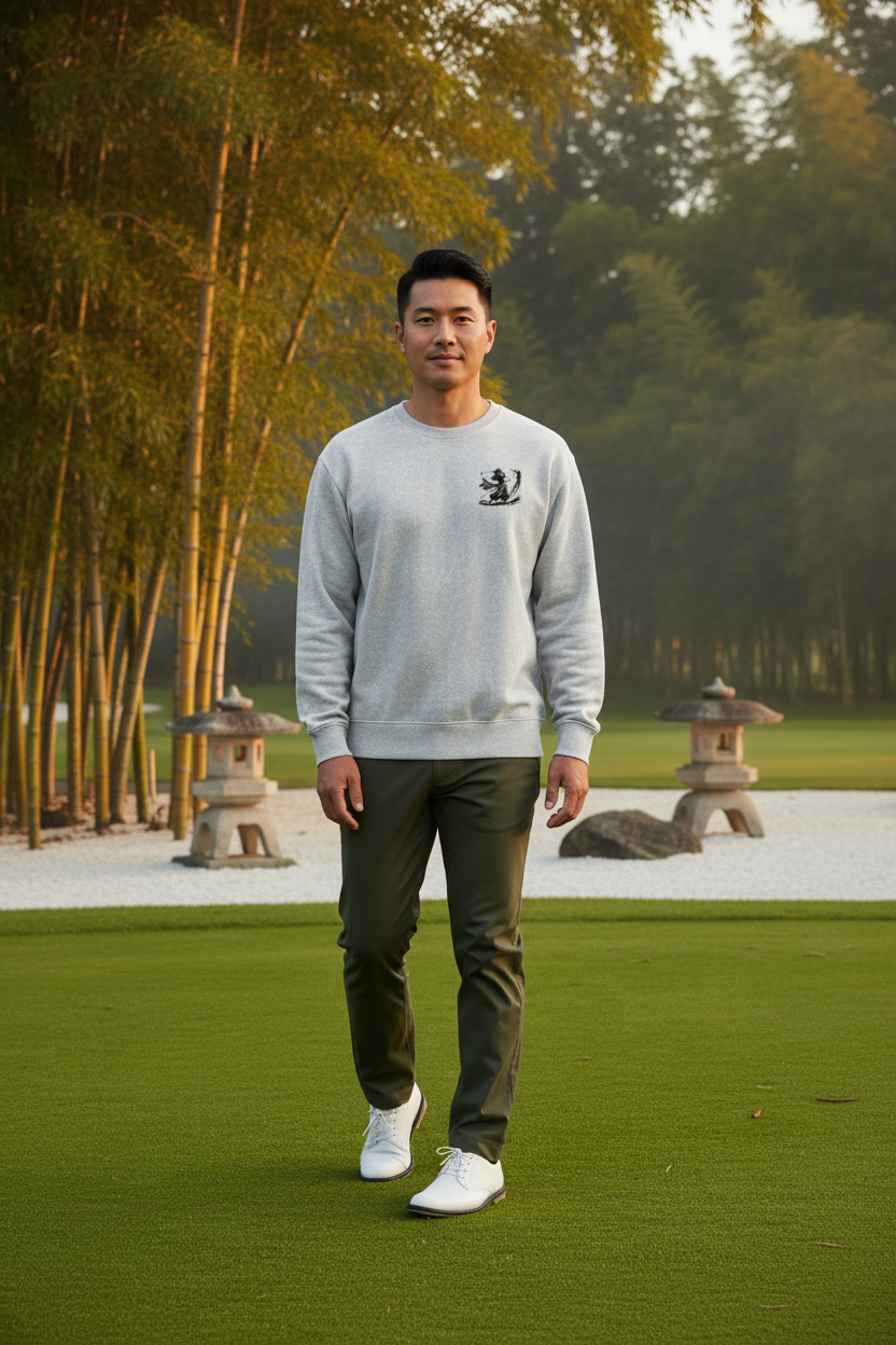 Bunker Blast Sweatshirt front — small sumi-e chest emblem on zen golf course at golden hour