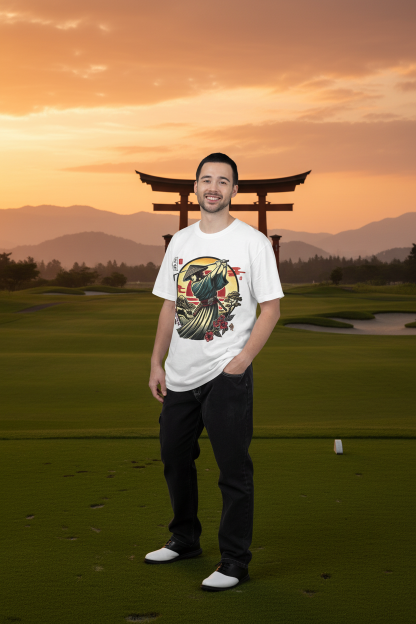 Samurai Sunset T-Shirt on zen golf course at golden hour