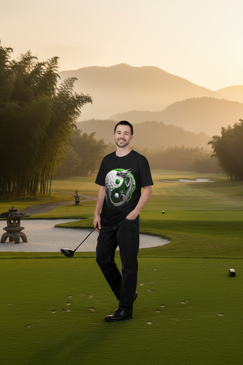 Yin Yang Dragon Golf Ball Tee on zen golf course at golden hour