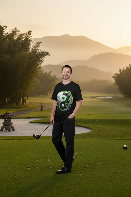 Yin Yang Dragon Golf Ball Tee on zen golf course at golden hour