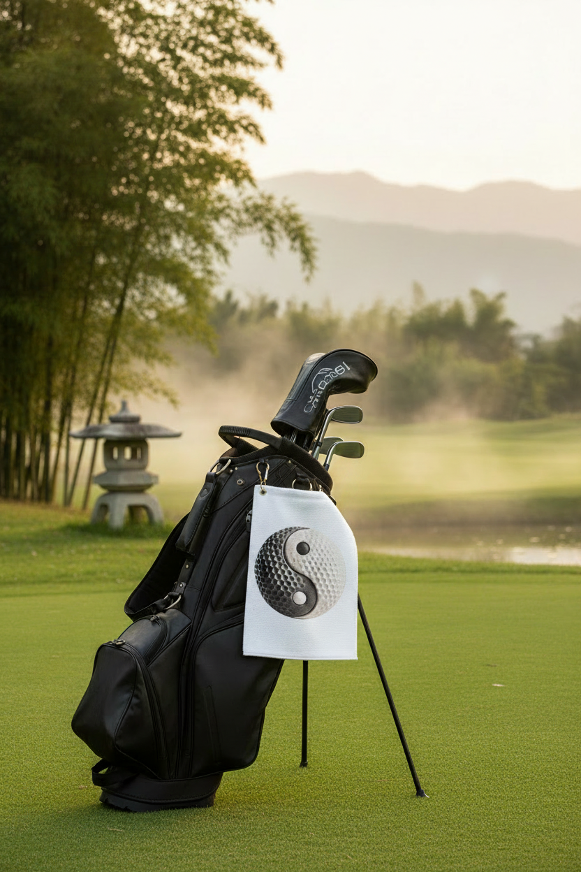 Yin Yang Golf Ball Towel - hanging from golf bag lifestyle