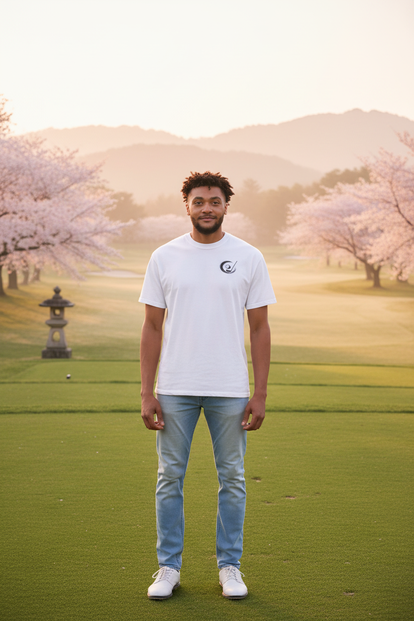 Enso Circle Cherry Blossom Tee — front lifestyle shot on zen golf course