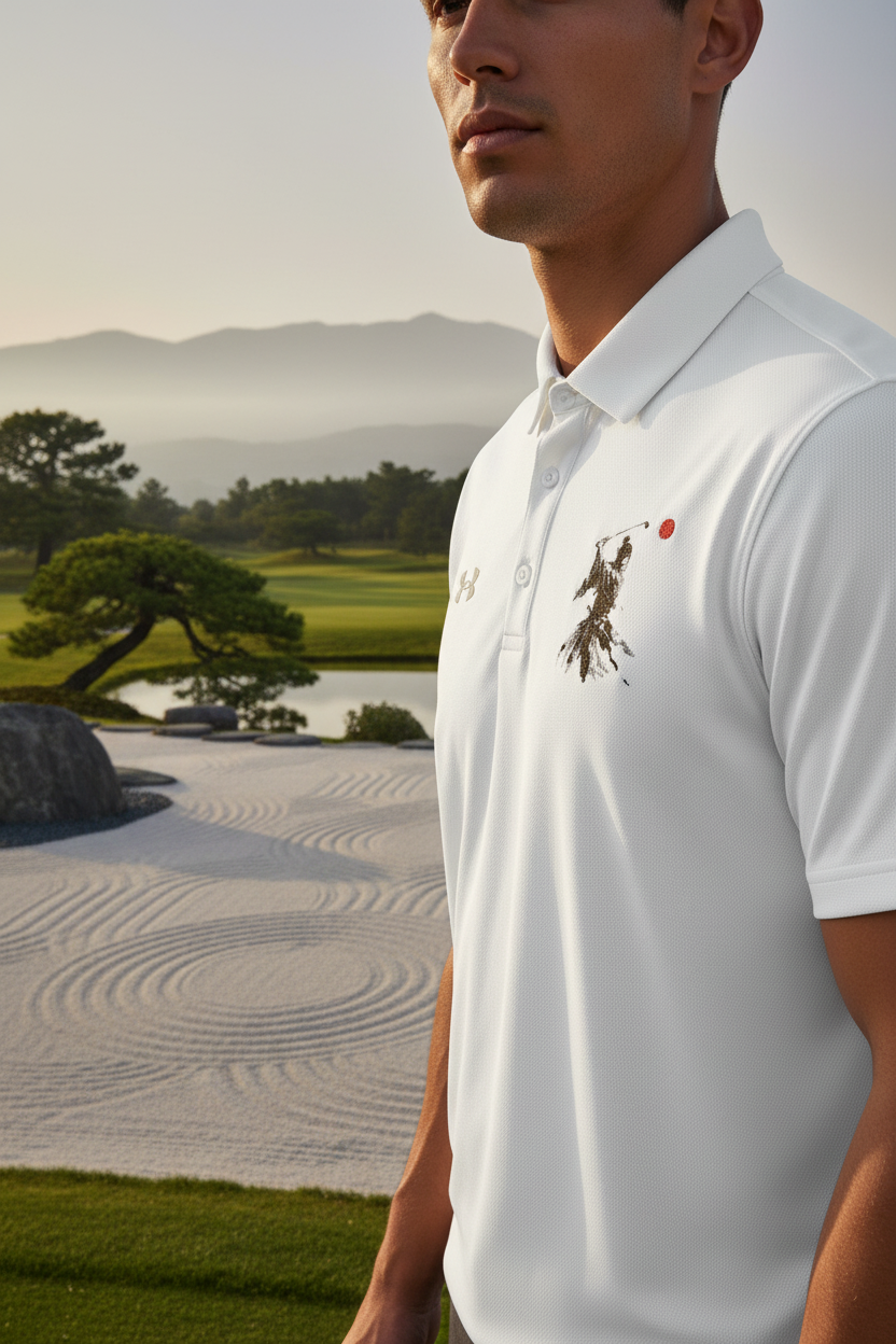 Model wearing the Embroidered Samurai Golfer Polo Shirt on a zen garden style golf course