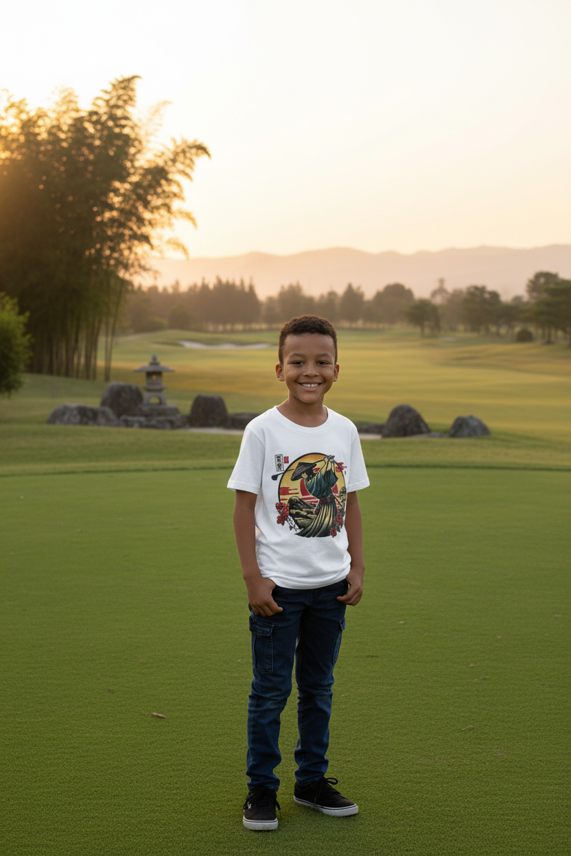 Samurai Golfer Sunset Youth Tee - zen golf course lifestyle