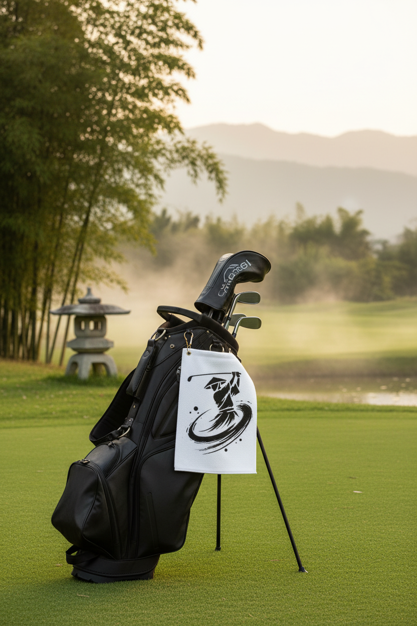 Samurai Golfer Swing Golf Towel - hanging from golf bag lifestyle
