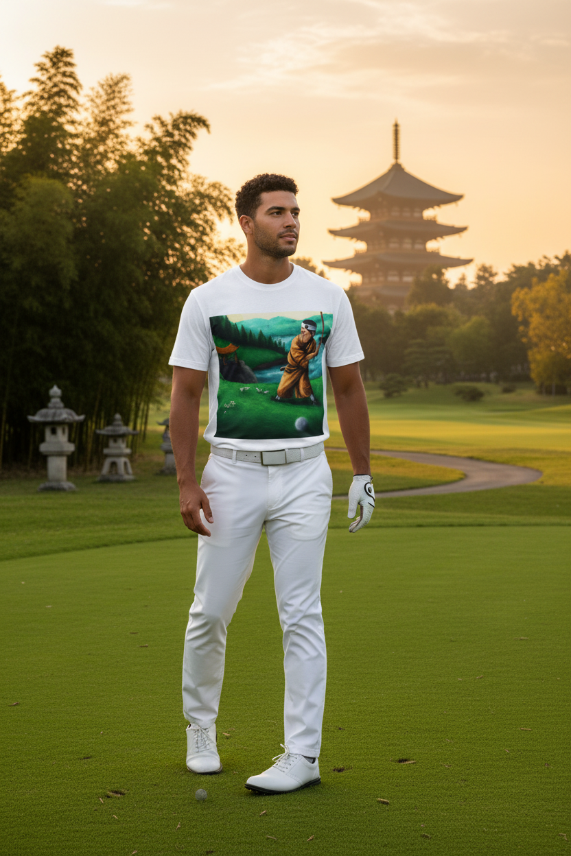 Monk Golfer Oil Painting Tee — lifestyle on zen golf course