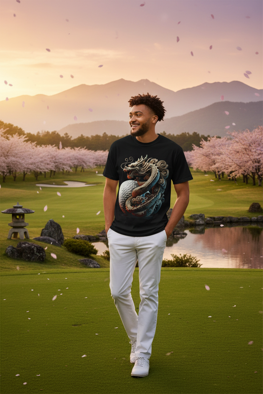 Dragon Wrapped Around Golf Ball Graphic T-Shirt on zen golf course at golden hour