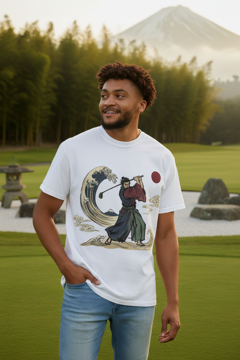 Samurai Golfer Japanese Wave Art Tee - zen golf course lifestyle