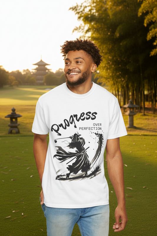 Progress Over Perfection Tee — lifestyle on zen golf course