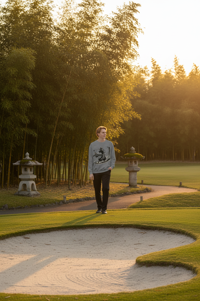 Brushstroke Bunker Blast Warrior Golfer Sweatshirt on zen golf course at golden hour