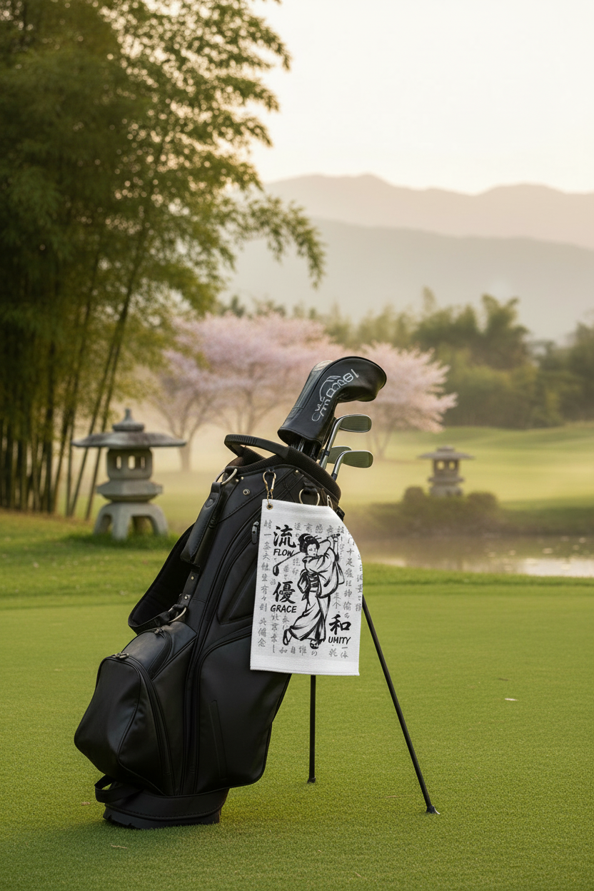 Japanese Geisha Flow Grace Unity Golf Towel - hanging from golf bag lifestyle